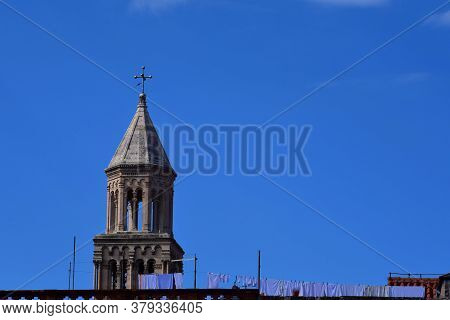 Close Up On Cathedral Of Saint Domnius, Dujam, Duje, Bell Tower In Old Town, Split, Croatia,