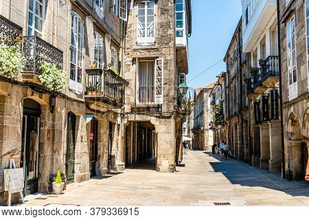 Santiago De Compostela, Spain - July 18, 2020: Old Street With Arcades In Medieval Town