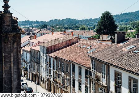Santiago De Compostela, Spain - July 18, 2020: Street In Historical Centre Of Santiago De Compostela
