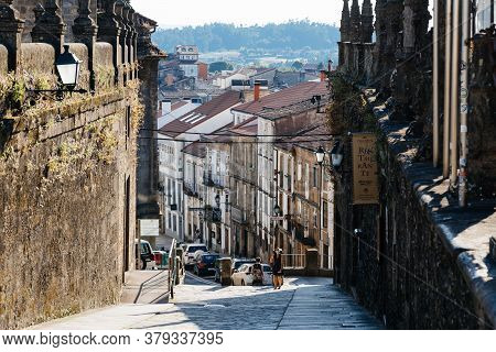 Santiago De Compostela, Spain - July 18, 2020: Street In Historical Centre Of Santiago De Compostela