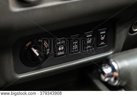 Novosibirsk/ Russia - August 01 2020: Nissan Navara, Close Up 2wd, Auto, Lock  Button Switches Contr