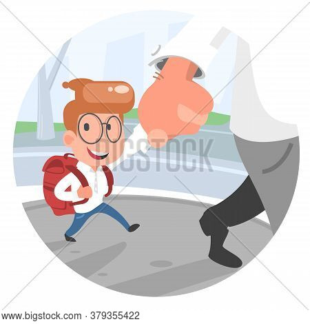 Father And Happy Son Go To Elementary School. Parent Taking Child To Primary School. Back To School.