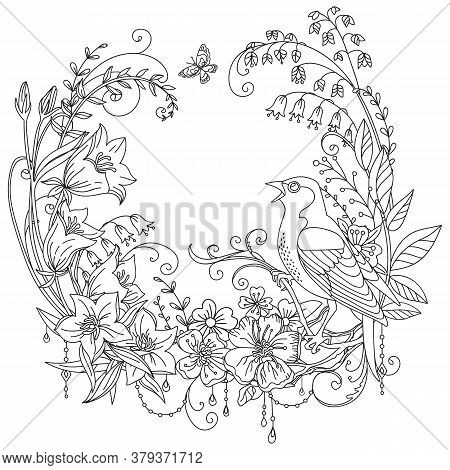 Vector Coloring Ornamental Wreth With Bird And Meadow Flowers In Circle Composition. Decorative Illu