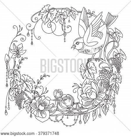 Vector Coloring Ornamental Wreth With Bird And Grape And Flowers In Circle Composition. Decorative I