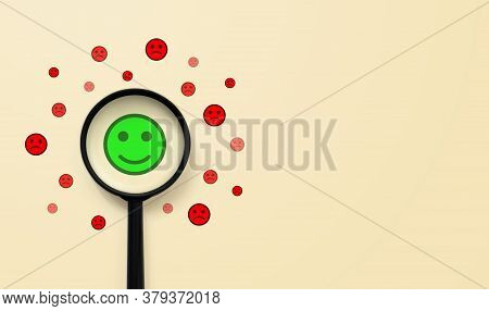 Emotional Face Happ In Magnifying Glass On Background, Excellence, Good, Bad. The Best Excellent Bus