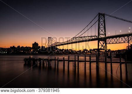 Cable Stayed Bridge Hercilio Luz In Florianopolis, Santa Catarina, Brazil, At Sunset With Colorful S