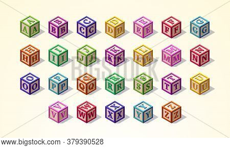 Multicolored Alphabet Or Abc Kid Blocks Latin Font In Isometric Style, From A To Z