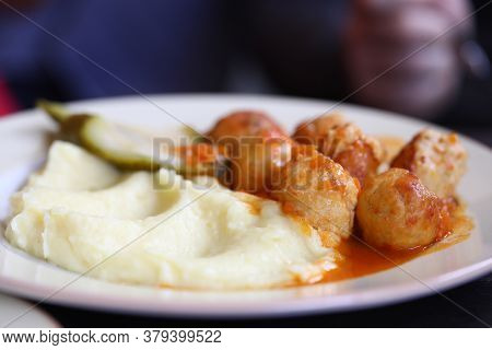 On Dinner Plate, Mitbola Mashed Potatoes And Pickled Cucumber. Menu For Cafes And Restaurants Concep