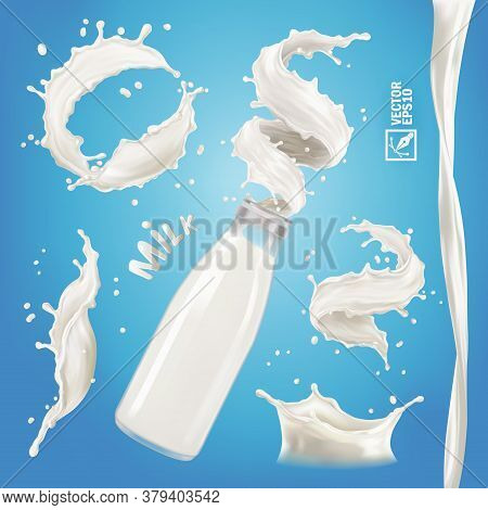 3d Realistic Isolated Vector Set, Different Bursts Of Milk, Yoghurt Or Cream, Transparent Bottle Wit