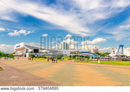 Minsk, Belarus, July 26, 2020: Cityscape Of Minsk City With Square Near Minsk Sports Palace Building