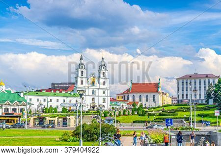 Minsk, Belarus, July 26, 2020: Upper Town With Holy Spirit Cathedral Orthodox Church Baroque Style B
