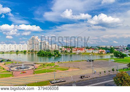 Aerial Panoramic View Of Minsk City Historical Centre With Svislach Or Svislac River Embankment And 