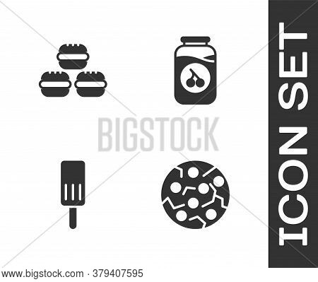 Set Cookie Or Biscuit, Macaron Cookie, Ice Cream And Cherry Jam Jar Icon. Vector