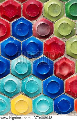 Mosaic Of The Soviet Period In The Form Of Honeycombs On A Concrete Wall.