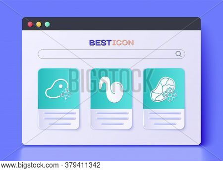 Set Fried Chicken Wing, Fresh Frozen Steak Meat And Fresh Frozen Steak Meat Icon. Vector