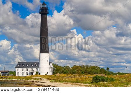 Sorve Lighthouse On Saaremaa Island, Estonia. Lighthouse On Sea Shore In Baltic Area.