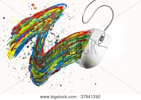 Pintura de rato de computador com cor deixando vestígios de cor dinâmicos no fundo branco