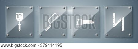 Set Folding Ruler, Hand Saw, Hacksaw And Putty Knife. Square Glass Panels. Vector