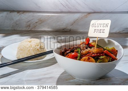 Chinese Shrimp With Mixed Sauteed Vegetables In A Brown Garlic Sauce
