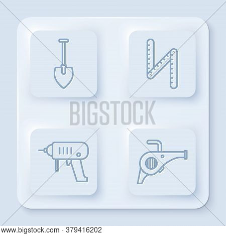 Set Line Shovel, Folding Ruler, Electric Drill Machine And Leaf Garden Blower. White Square Button. 