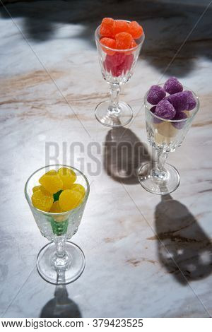 Granulated Sugar Coated Candy Gumdrops In Shot Glasses