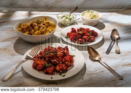 Indian Dinner Korma With Mushroom 65 Tandoori Cauliflower Rice And Raita