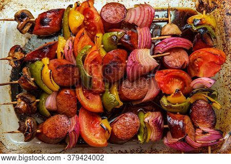 Baking Polish Grilled Honey Balsamic Glazed Kielbasa Shish Kebab Skewers With Red Onions Mushrooms B