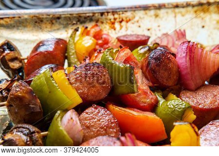 Baking Polish Grilled Honey Balsamic Glazed Kielbasa Shish Kebab Skewers With Red Onions Mushrooms B