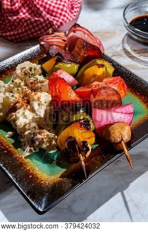 Polish Grilled Honey Balsamic Glazed Kielbasa Shish Kebab Skewers With Red Onions Mushrooms Bell Pep