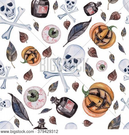 Watercolor Seamless Pattern With Poison Bottle, Eyeball, Dried Leaves, Skull With Bones, Pumpkin For