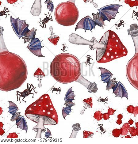 Watercolor Seamless Pattern With Bat, Spiders, Amanita And Blood Bottles For Halloween. Halloween Pa