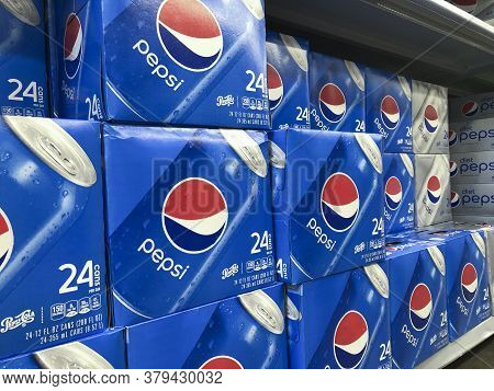 Kokomo - Circa July 2020: Pepsi Cases On Shelf. Pepsi Is One Of The Largest Beverage Producers In Th