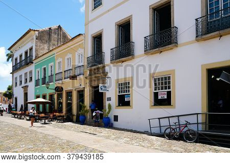 Touristic Street With Restaurant Terraces And Shops In The Historical Center Of Salvador Bahia. Braz