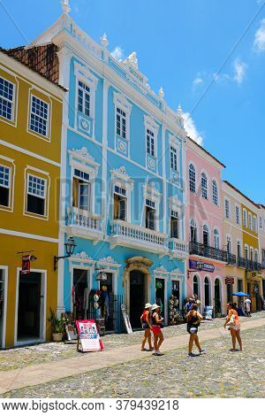 Touristic Street With Restaurant Terraces And Shops In The Historical Center Of Salvador Bahia. Braz