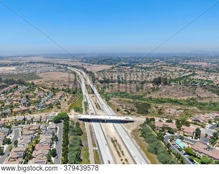 Aerial View Of Highway, Freeway Road With Vehicle In Movement In San Diego, California, Usa.