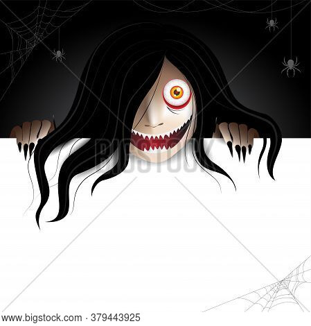 Woman Scary Ghost Zombie, Ghost Character Behind A Paper Frame For Text And Haunting In The Dark Wit