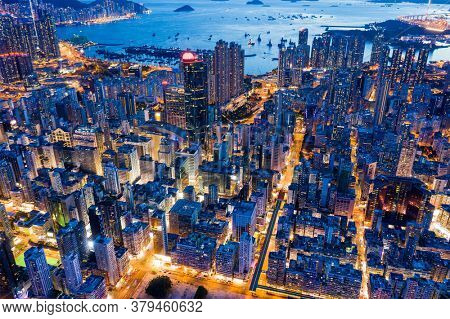 Mong Kok, Hong Kong 26 July 2020: Top view of Hong Kong city at evening