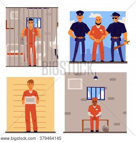 Cartoon Set Of Criminal Men In Prison Uniform In Or Going To Jail