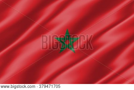 Silk Wavy Flag Of Morocco Graphic. Wavy Moroccan Flag 3d Illustration. Rippled Morocco Country Flag 