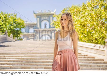 Woman Tourist In Chua Linh Ung Bai But Temple, Lady Buddha Temple In Da Nang, Vietnam