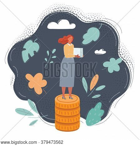 Vector Illustration Of Attractive Young Woman Standin On Coin Stack On Dark Background. Wage Concept