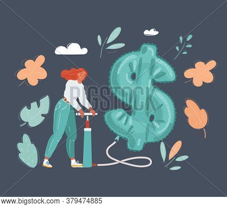 Vector Illustration Of Woman With Pumper Is Pumping Money Balloon On Dark Background.