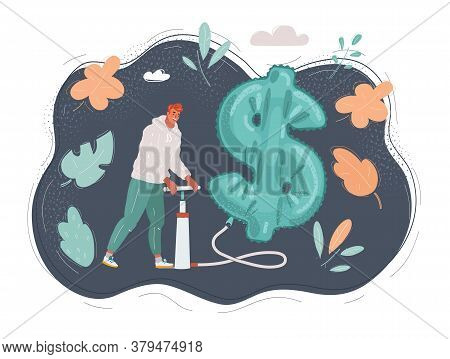 Vector Illustration Of Man With Pumper Is Pumping Money Balloon On Dark Background.