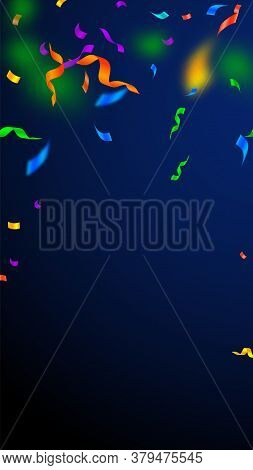 Streamers And Confetti. Festive Streamers Tinsel And Foil Ribbons. Confetti Falling Rain On Dark Blu