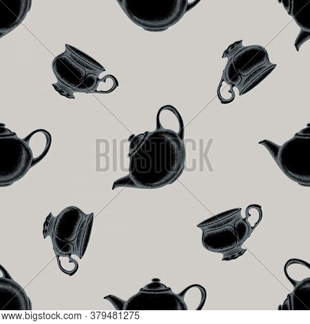 Seamless Pattern With Hand Drawn Stylized Teapots, Cups Stock Illustration