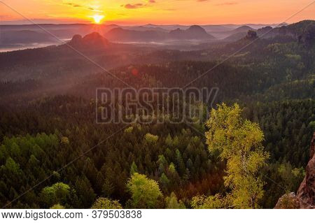 Autumn Sunrise, Saxon Switzerland. Fantastic Colorful Sunrise On The Top Of The Rocky Mountain With 