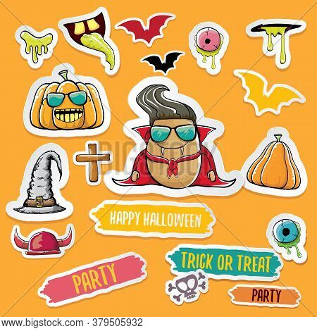 Vector Halloween Sticker Icons Set With Dracula, Witch Hat, Scary Pumpkin, Bat , Skull, Happy Hallow