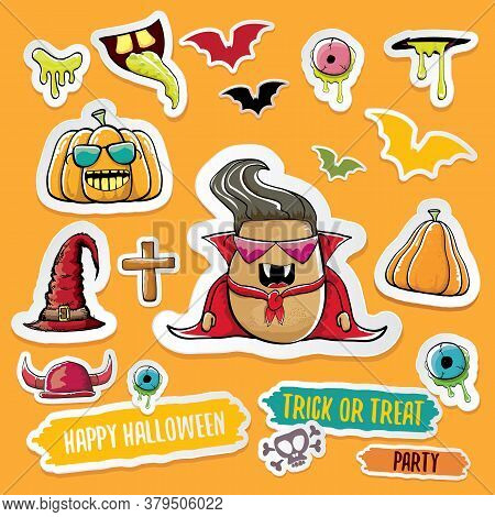Vector Halloween Sticker Icons Set With Dracula, Witch Hat, Scary Pumpkin, Bat , Skull, Happy Hallow