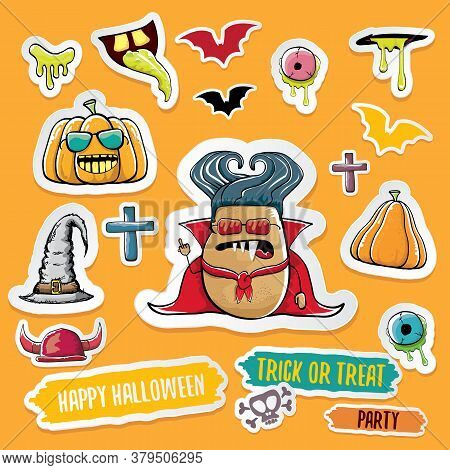 Vector Halloween Sticker Icons Set With Dracula, Witch Hat, Scary Pumpkin, Bat , Skull, Happy Hallow