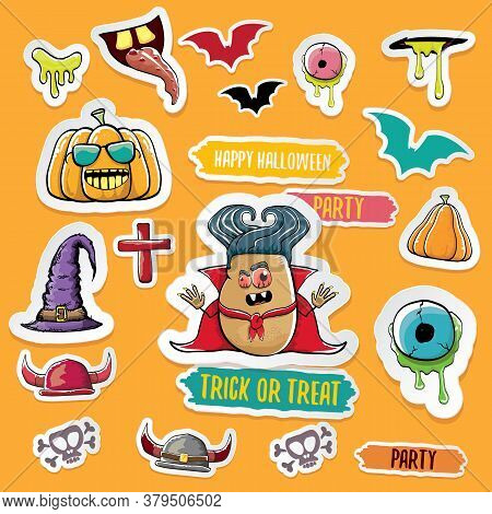 Vector Halloween Sticker Icons Set With Dracula, Witch Hat, Scary Pumpkin, Bat , Skull, Happy Hallow